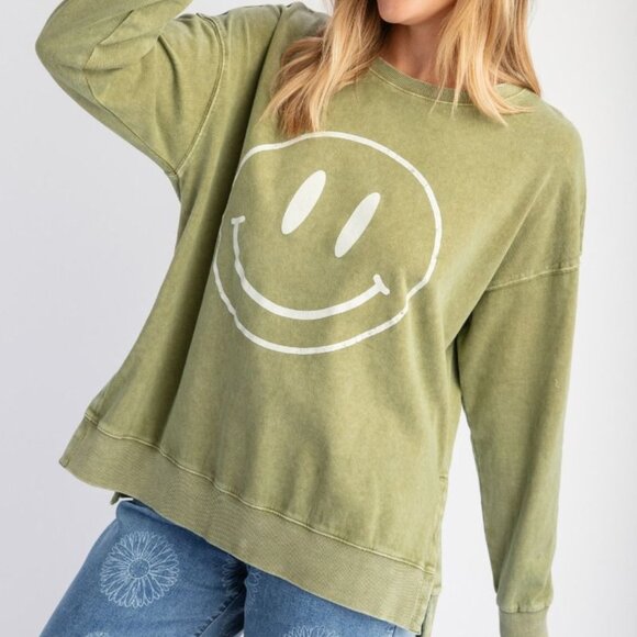 easel Tops - NWT, 100% Cotton, Smile Face Mineral Washed Terry Knit Pullover from Easel